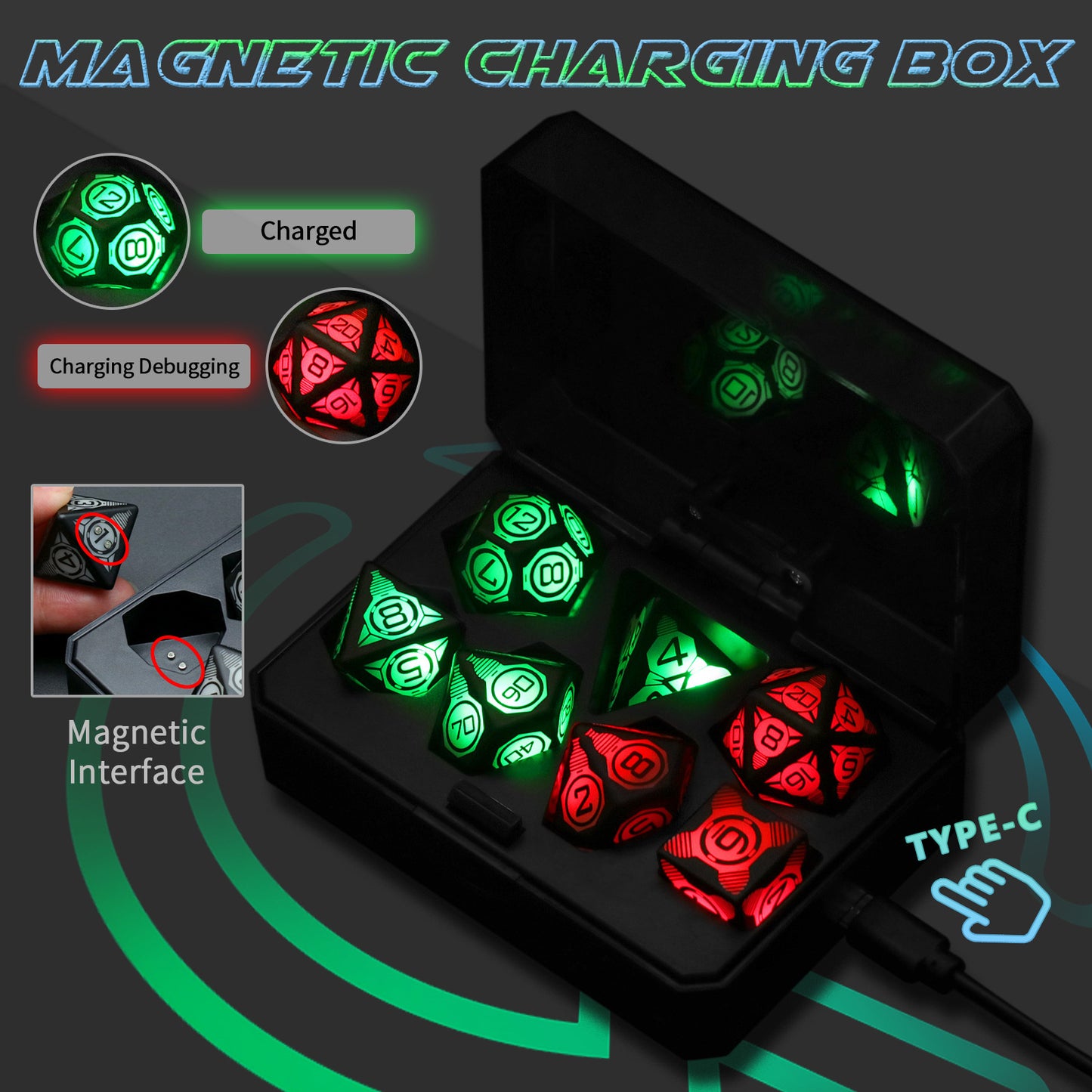 Charging Luminous Dice Set | Dynamic RGB Lighting | Type-C Charging