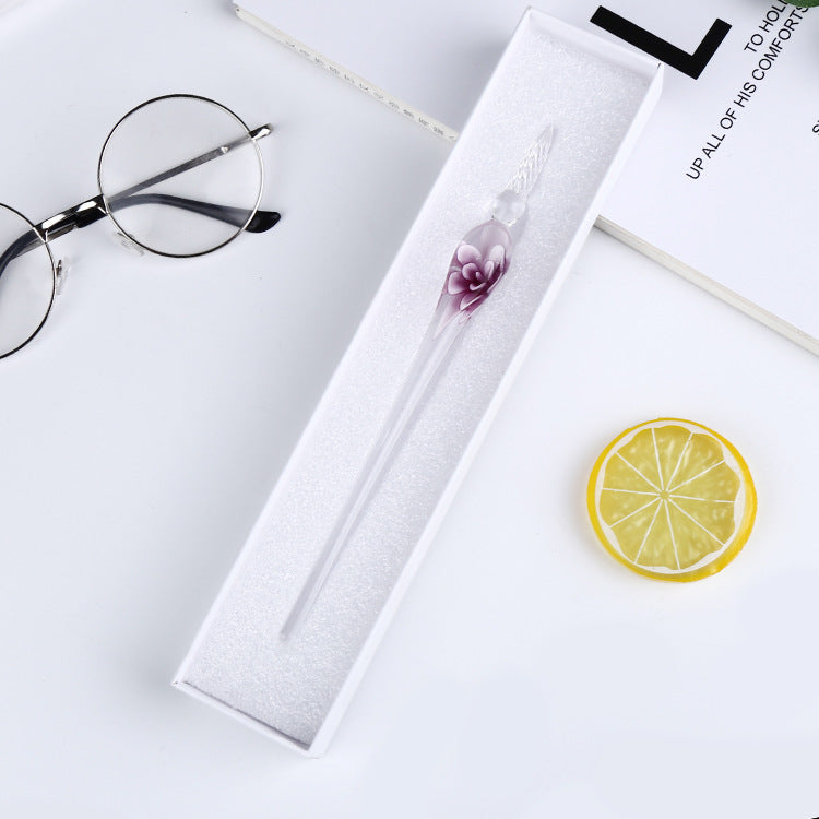 Crystal Glass Dip Pen | Floral Embedded Design | Threaded Nib for Smooth Writing