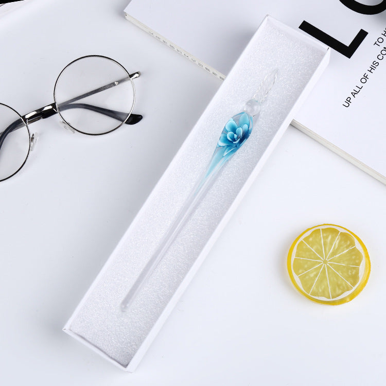 Crystal Glass Dip Pen | Floral Embedded Design | Threaded Nib for Smooth Writing