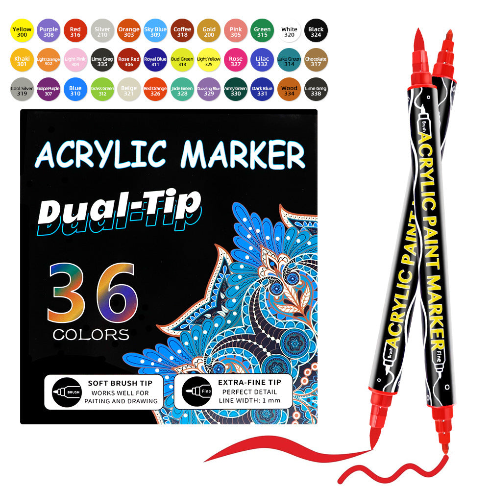 Acrylic Marker Pens | Double-Headed Brush & Fine Tip | 12-24-36 Color Sets