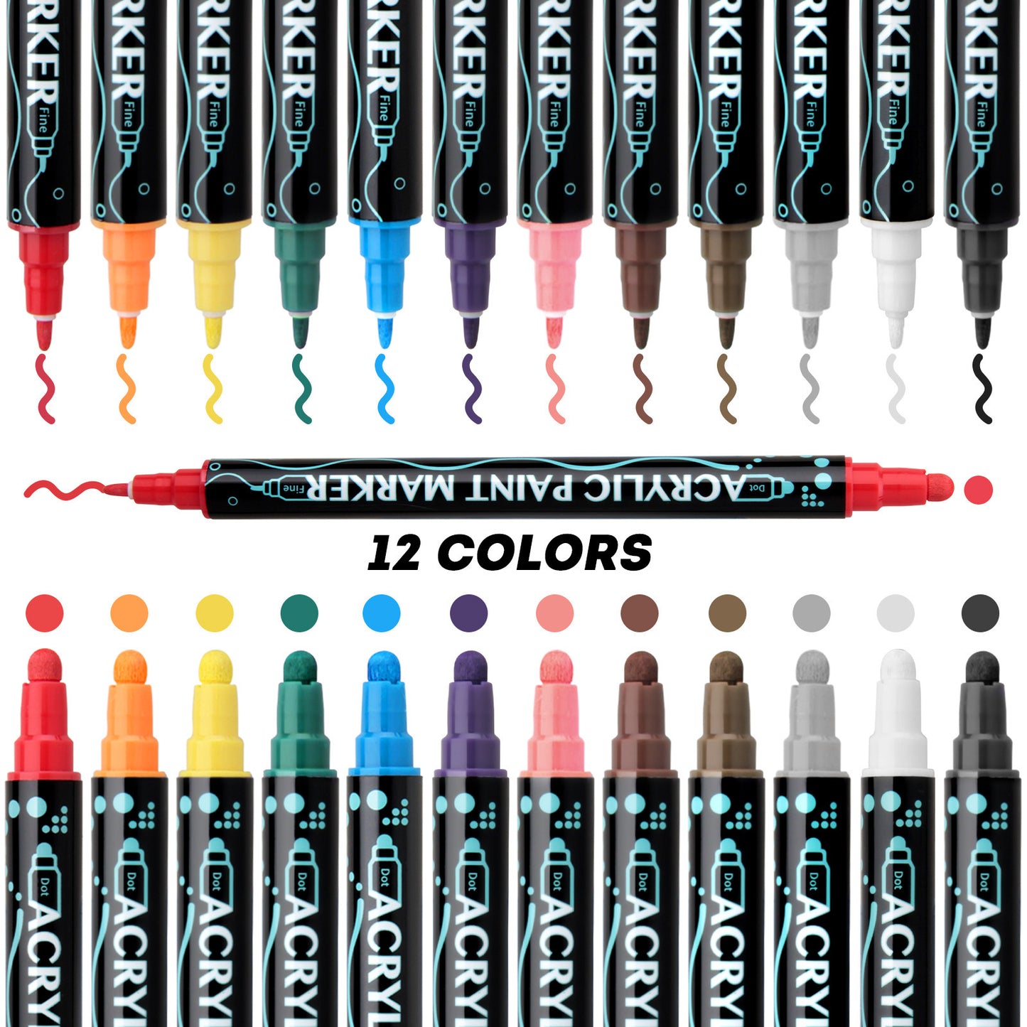 Acrylic Marker Pens | Double-Headed Brush & Fine Tip | 12-24-36 Color Sets