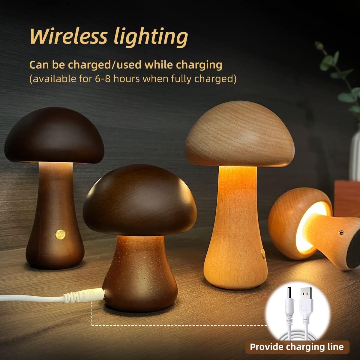 Mushroom Night Light | Natural Beech Wood Body | Rechargeable Touch Dimmer