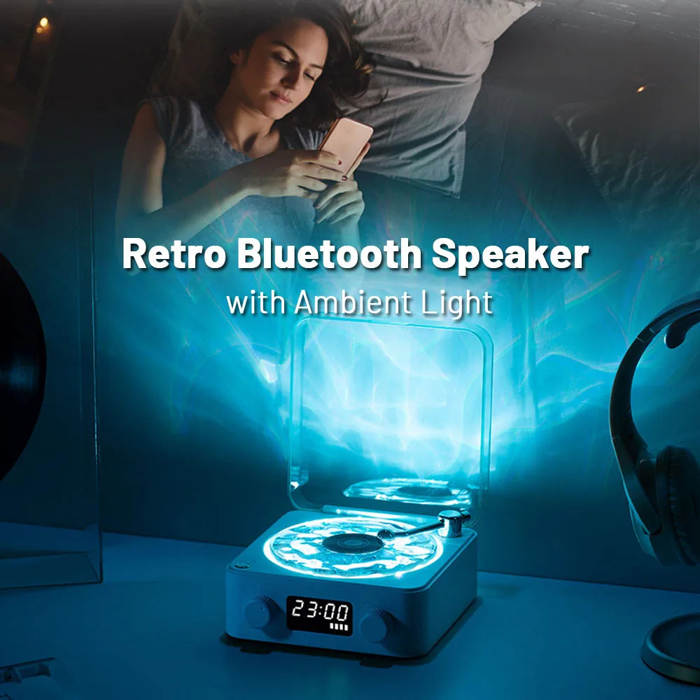 Retro Bluetooth Speaker | 4 Nature Sounds & White Noise | Rotating Water Ripple Light | Vinyl Record Player