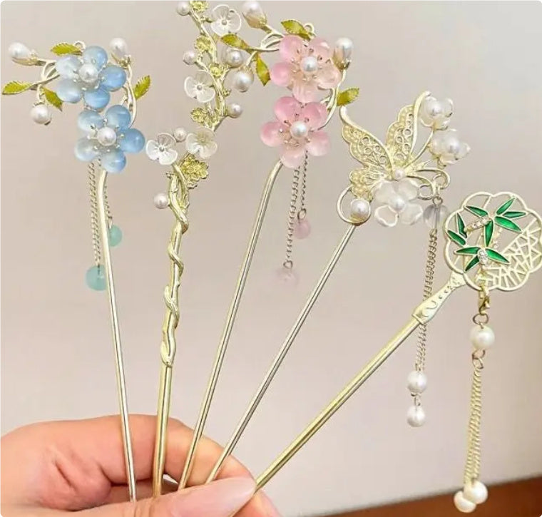 Chinese Hair Pin Set | Rhinestone & Tassel Design | Secure-Grip for All-Day Wear
