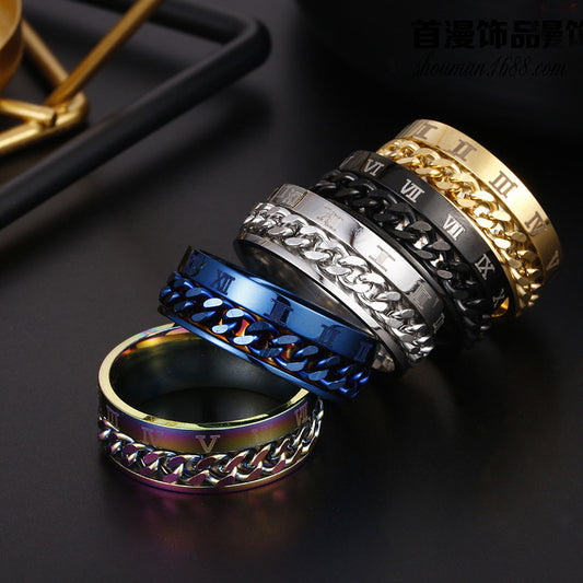 Roman Numeral Fidget Ring | Rotating Chain Band | 3-in-1 Anxiety Relief & Bottle Opener