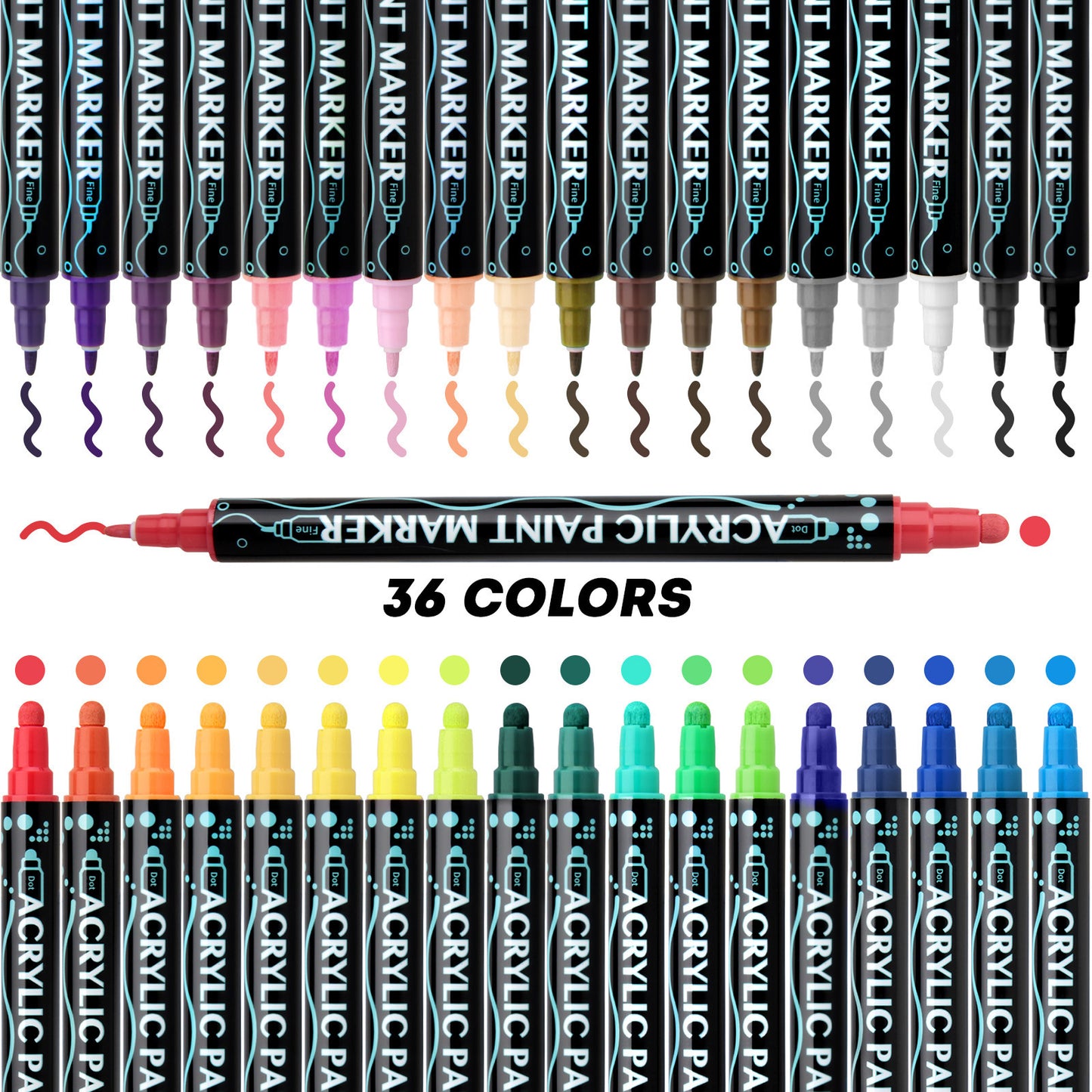 Acrylic Marker Pens | Double-Headed Brush & Fine Tip | 12-24-36 Color Sets