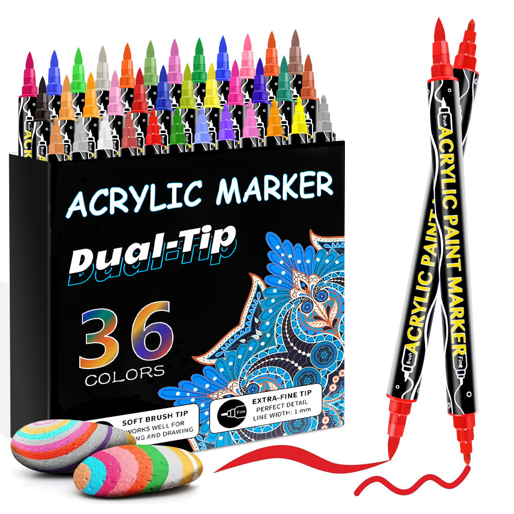 Acrylic Marker Pens | Double-Headed Brush & Fine Tip | 12-24-36 Color Sets