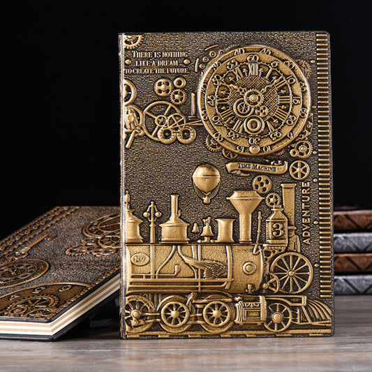 Steampunk 3D Leather Journal | Embossed Vintage Train Design | Handcrafted A5 Notebook