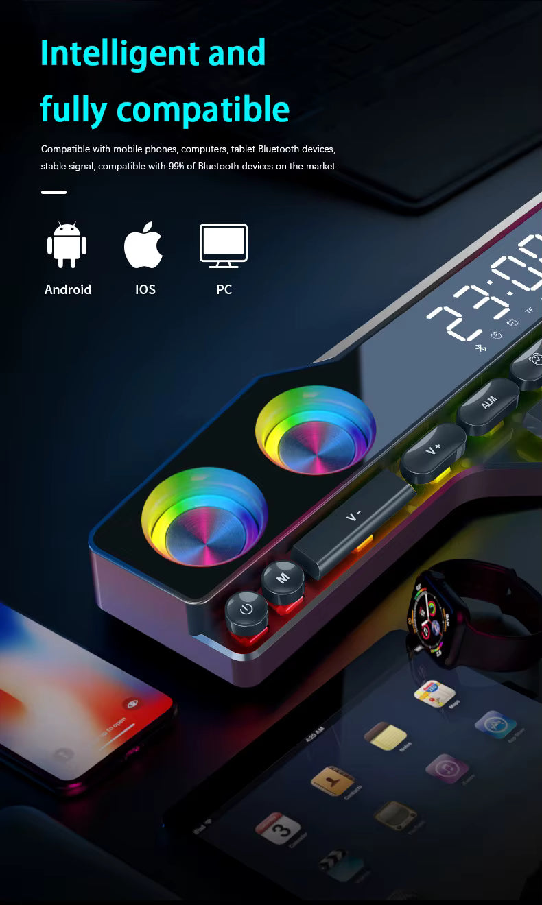 5-in-1 RGB Gaming Soundbar | HIFI Audio & Digital Alarm Clock | Bluetooth 5.0 & Dynamic Lighting