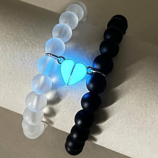 Glow-in-the-Dark Couple's Bracelets | Yin Yang Black & White Beads | Luminous Heart Charm Set