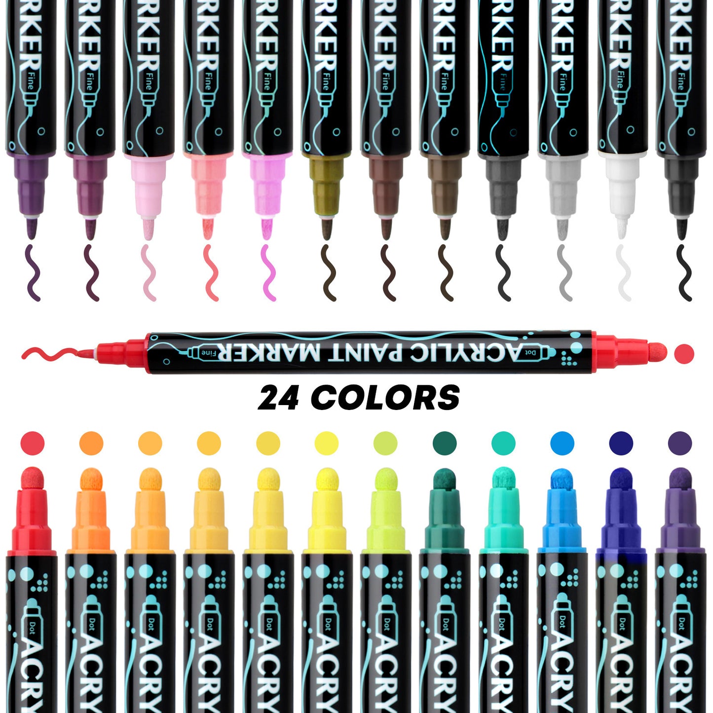 Acrylic Marker Pens | Double-Headed Brush & Fine Tip | 12-24-36 Color Sets