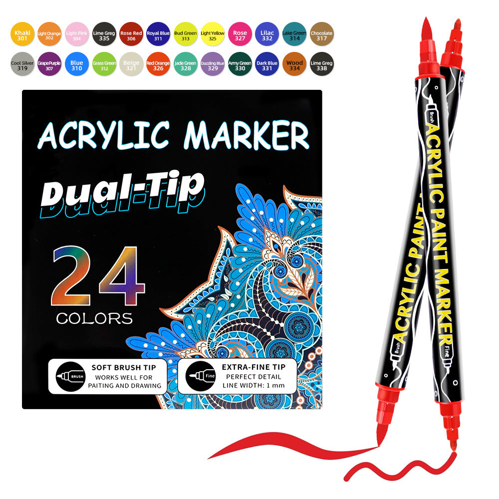 Acrylic Marker Pens | Double-Headed Brush & Fine Tip | 12-24-36 Color Sets