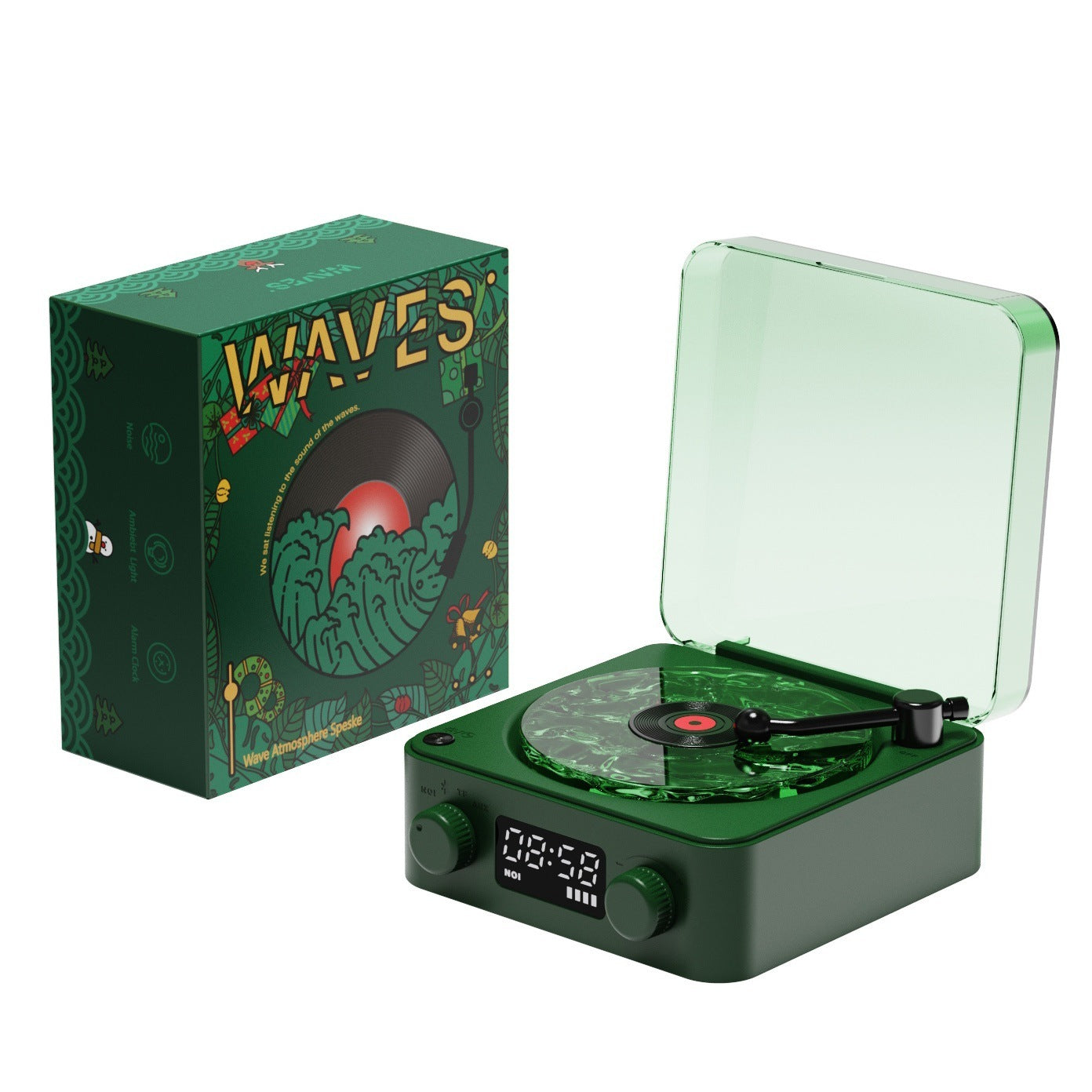 Retro Bluetooth Speaker | 4 Nature Sounds & White Noise | Rotating Water Ripple Light | Vinyl Record Player
