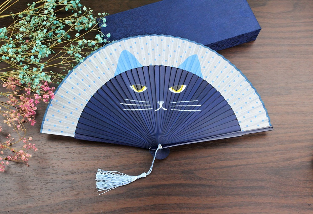 Cat Design Hand Fan | Authentic Japanese Style | Smooth Operation for Performance