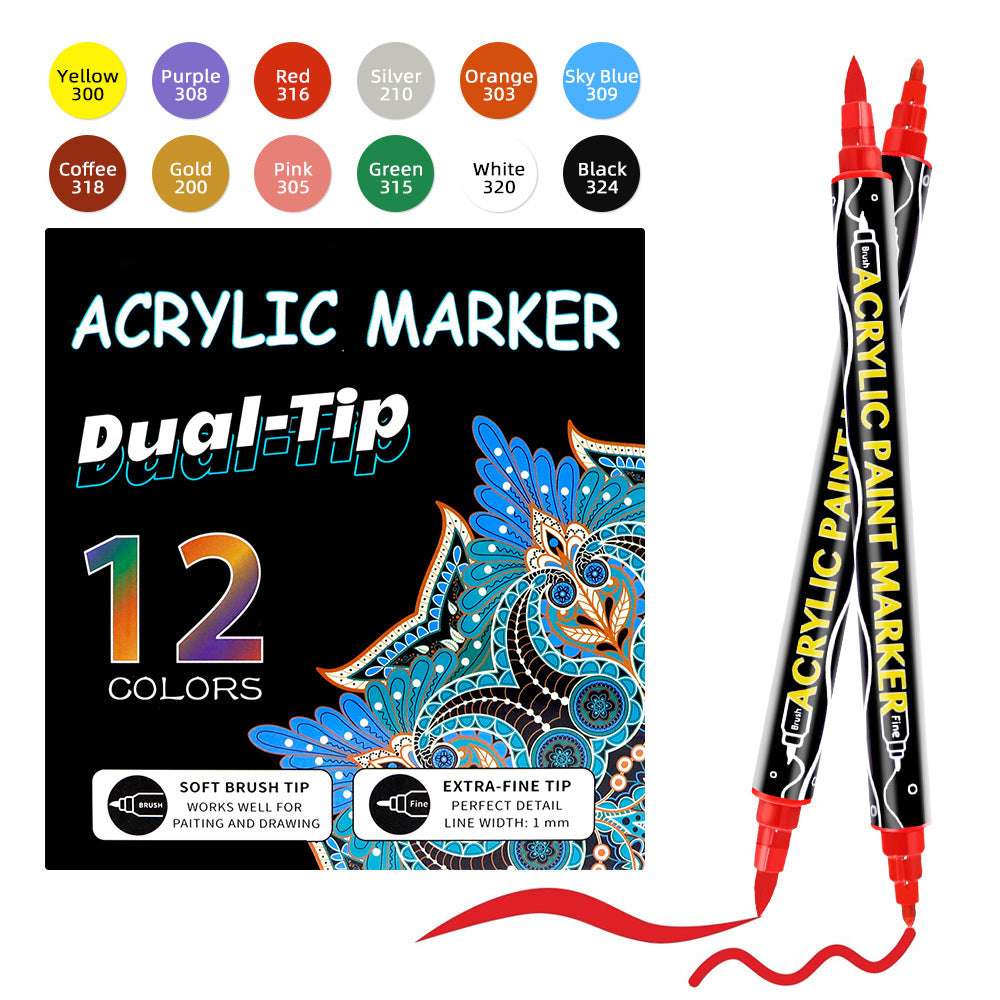 Acrylic Marker Pens | Double-Headed Brush & Fine Tip | 12-24-36 Color Sets