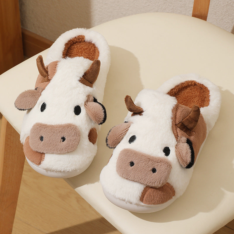 Cow Plush Slippers | Faux Fur & Cloud-Like Comfort | Non-Slip Waterproof Sole