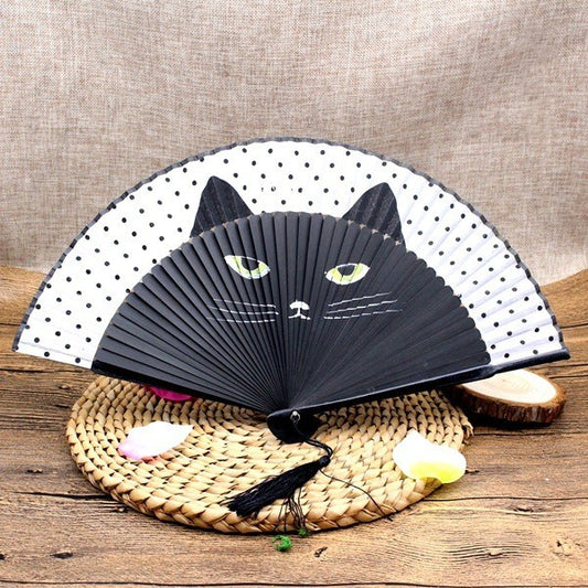 Cat Design Hand Fan | Authentic Japanese Style | Smooth Operation for Performance