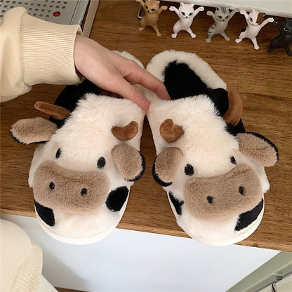 Cow Plush Slippers | Faux Fur & Cloud-Like Comfort | Non-Slip Waterproof Sole
