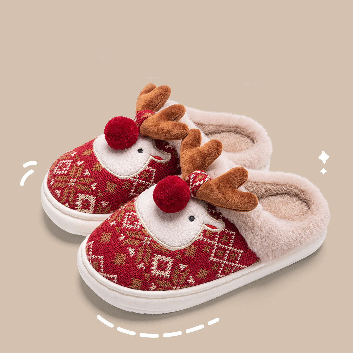 Festive Christmas Reindeer Slippers | Plush Faux Fur Lined | Non-Slip Holiday House Shoes
