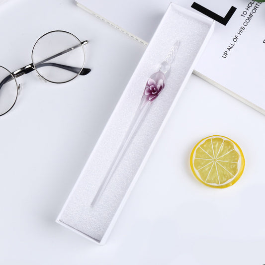 Crystal Glass Dip Pen | Floral Embedded Design | Threaded Nib for Smooth Writing