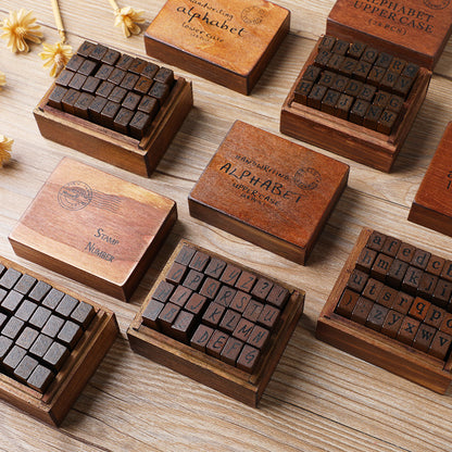 Vintage Wooden Stamp Set | Complete Alphabet & Number Collection | Rustic Storage Box