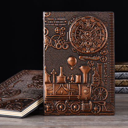 Steampunk 3D Leather Journal | Embossed Vintage Train Design | Handcrafted A5 Notebook