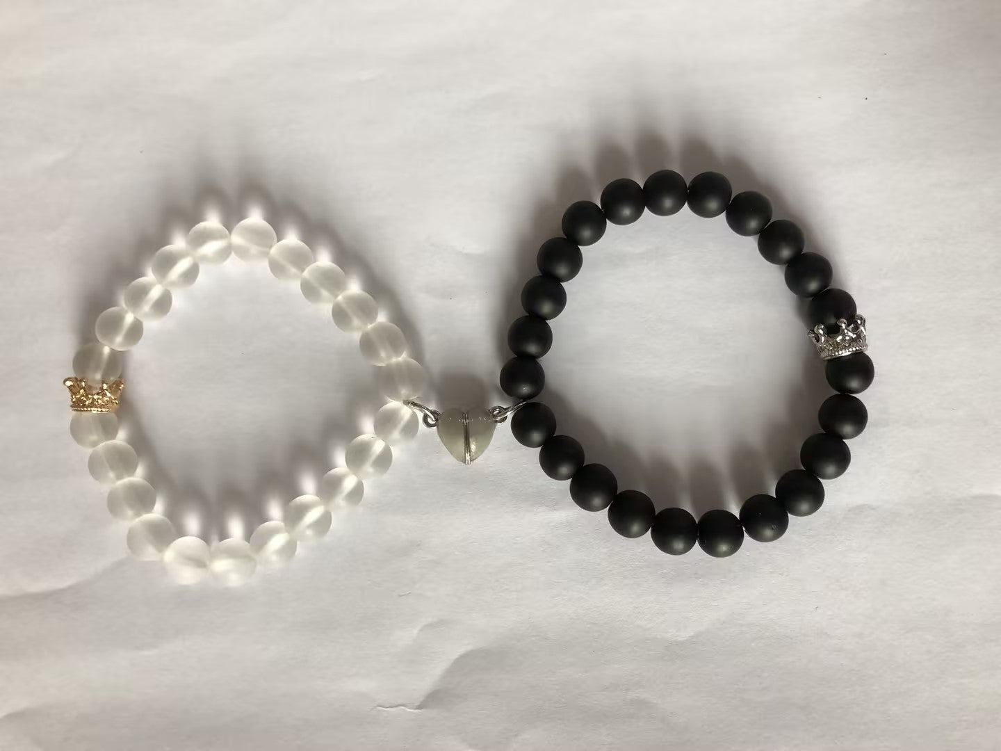 Glow-in-the-Dark Couple's Bracelets | Yin Yang Black & White Beads | Luminous Heart Charm Set