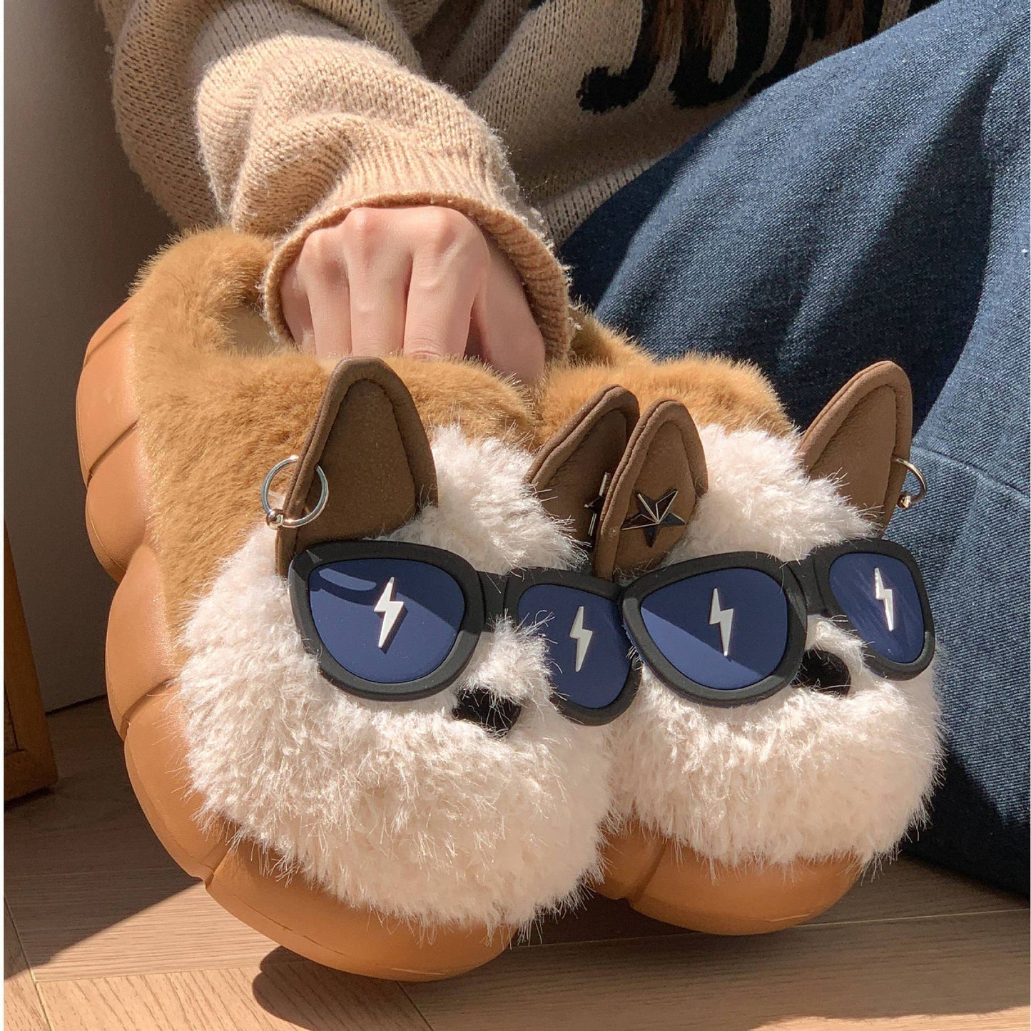 Fluffy Slippers  | Funky Dog/Fox Plush Design | Anti-Slip Indoor/Outdoor Sole