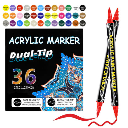 Acrylic Marker Pens | Double-Headed Brush & Fine Tip | 12-24-36 Color Sets