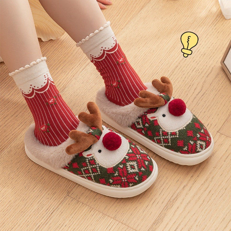 Festive Christmas Reindeer Slippers | Plush Faux Fur Lined | Non-Slip Holiday House Shoes