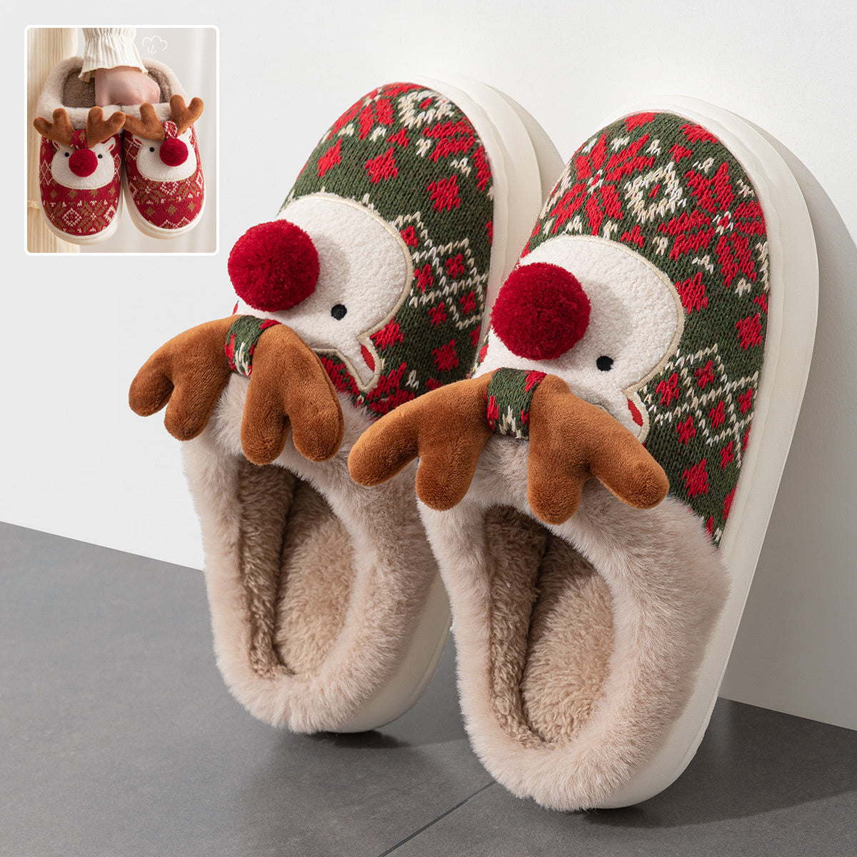 Festive Christmas Reindeer Slippers | Plush Faux Fur Lined | Non-Slip Holiday House Shoes