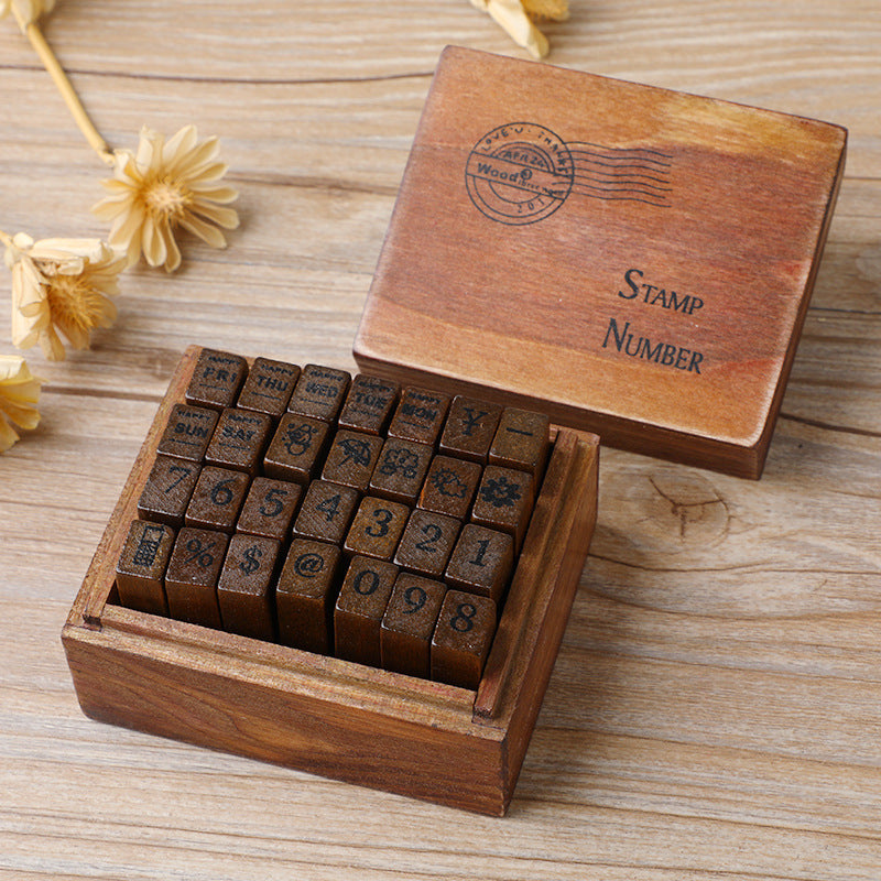 Vintage Wooden Stamp Set | Complete Alphabet & Number Collection | Rustic Storage Box