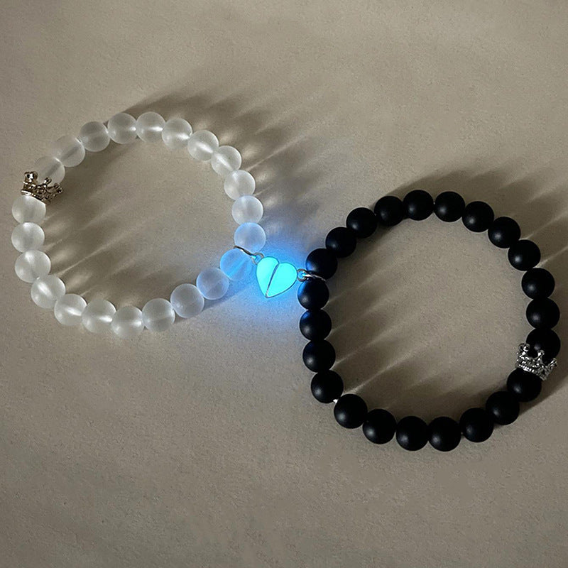 Glow-in-the-Dark Couple's Bracelets | Yin Yang Black & White Beads | Luminous Heart Charm Set