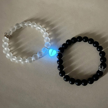 Glow-in-the-Dark Couple's Bracelets | Yin Yang Black & White Beads | Luminous Heart Charm Set