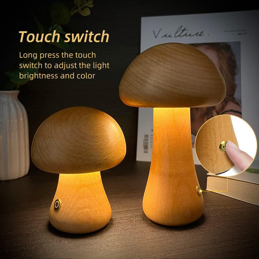 Mushroom Night Light | Natural Beech Wood Body | Rechargeable Touch Dimmer