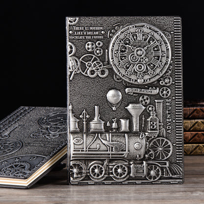 Steampunk 3D Leather Journal | Embossed Vintage Train Design | Handcrafted A5 Notebook