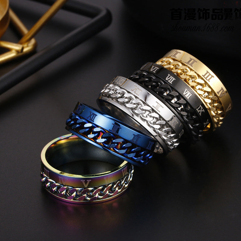 Roman Numeral Fidget Ring | Rotating Chain Band | 3-in-1 Anxiety Relief & Bottle Opener