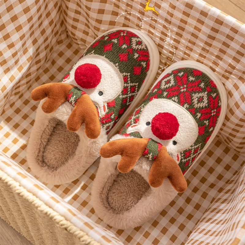 Festive Christmas Reindeer Slippers | Plush Faux Fur Lined | Non-Slip Holiday House Shoes