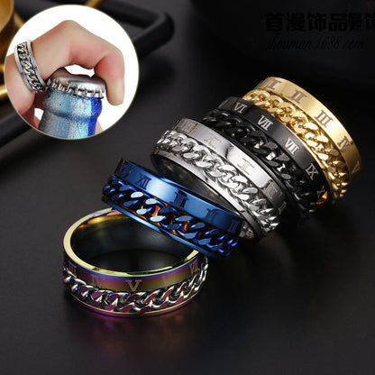 Roman Numeral Fidget Ring | Rotating Chain Band | 3-in-1 Anxiety Relief & Bottle Opener