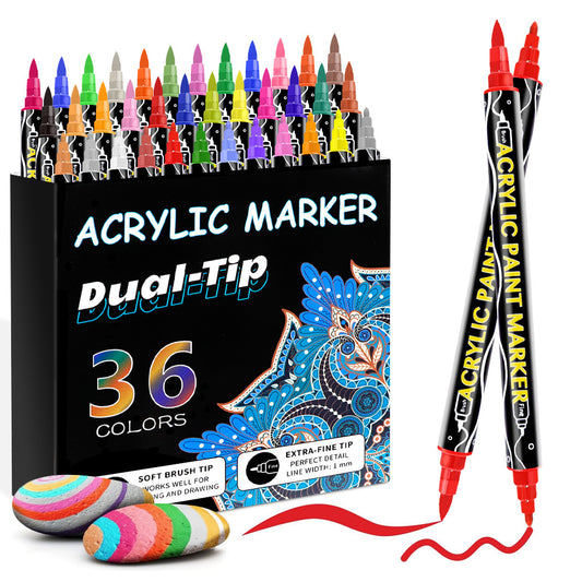 Acrylic Marker Pens | Double-Headed Brush & Fine Tip | 12-24-36 Color Sets