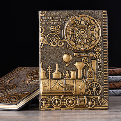 Steampunk 3D Leather Journal | Embossed Vintage Train Design | Handcrafted A5 Notebook
