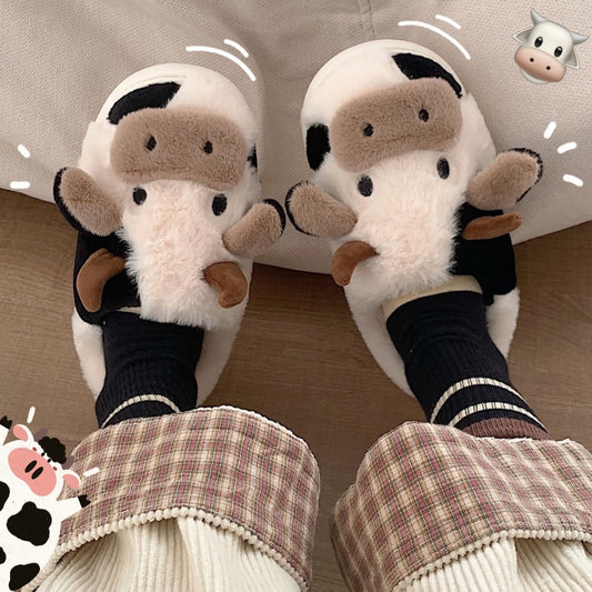 Cow Plush Slippers | Faux Fur & Cloud-Like Comfort | Non-Slip Waterproof Sole