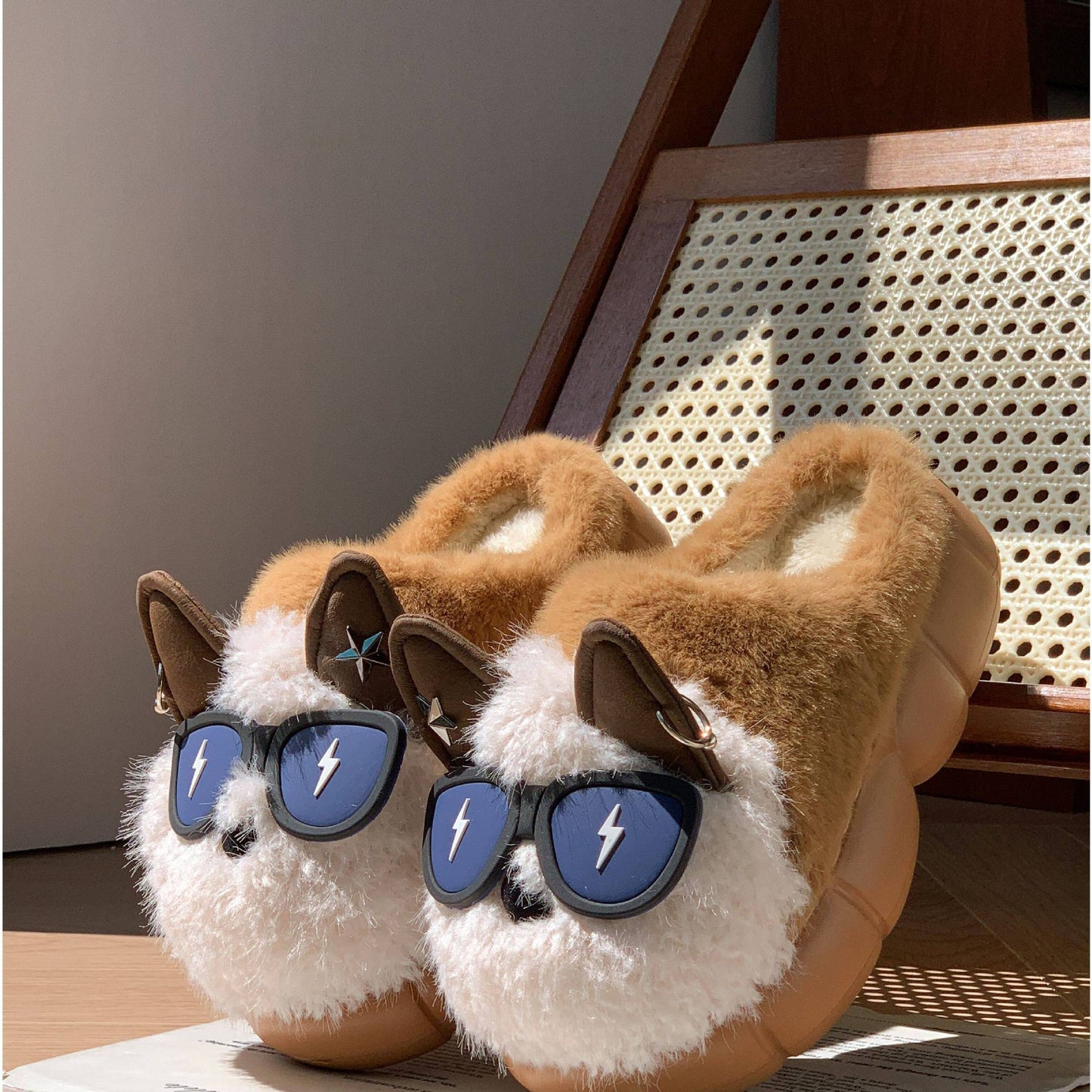 Fluffy Slippers  | Funky Dog/Fox Plush Design | Anti-Slip Indoor/Outdoor Sole