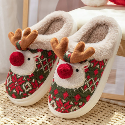 Festive Christmas Reindeer Slippers | Plush Faux Fur Lined | Non-Slip Holiday House Shoes
