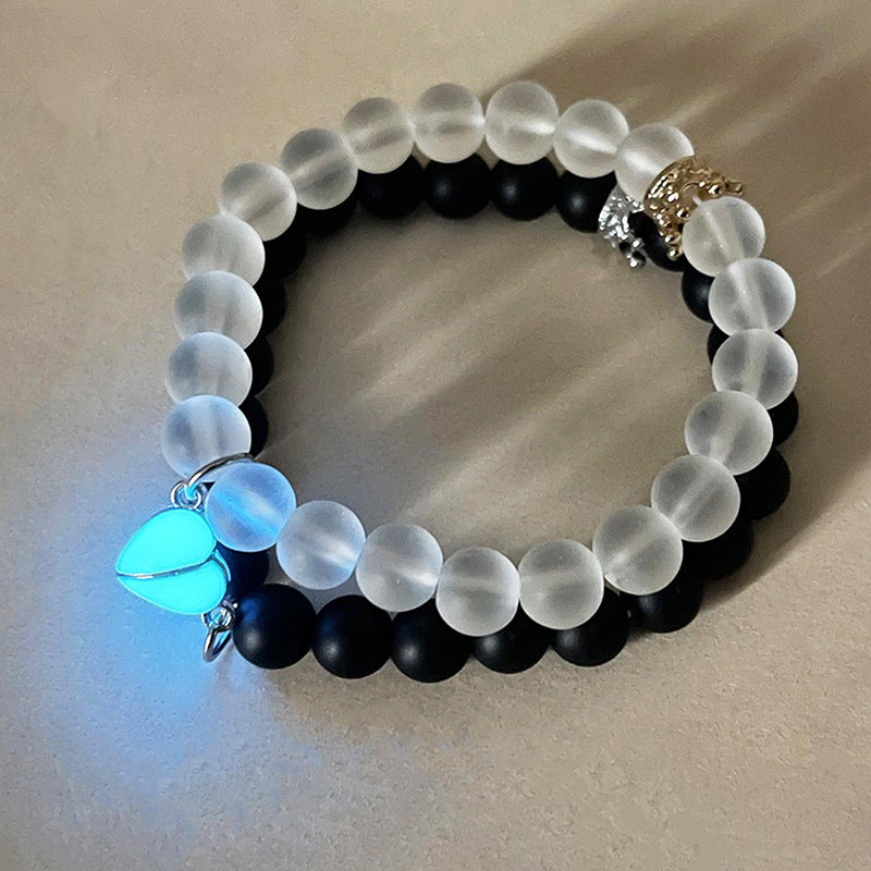 Glow-in-the-Dark Couple's Bracelets | Yin Yang Black & White Beads | Luminous Heart Charm Set