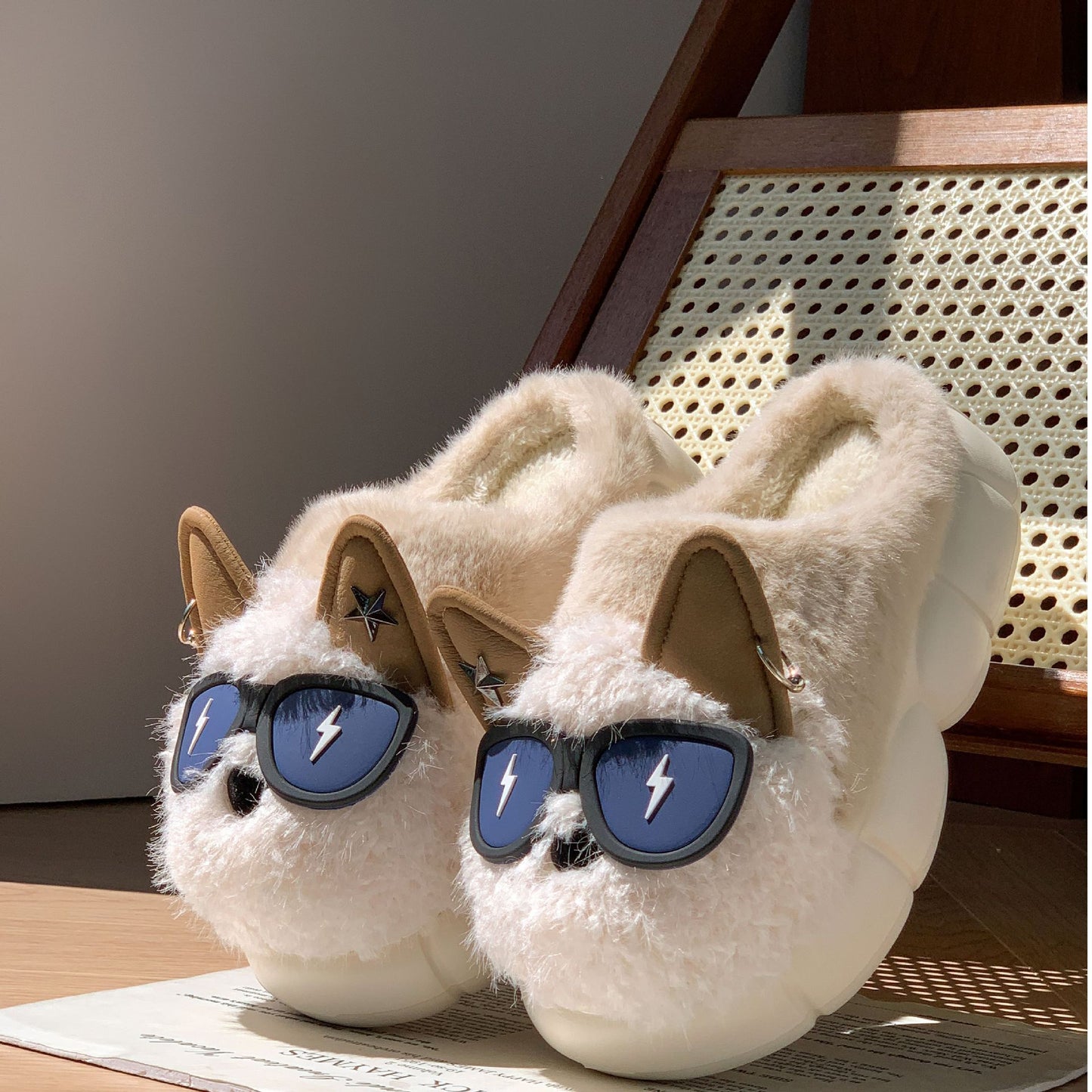 Fluffy Slippers  | Funky Dog/Fox Plush Design | Anti-Slip Indoor/Outdoor Sole