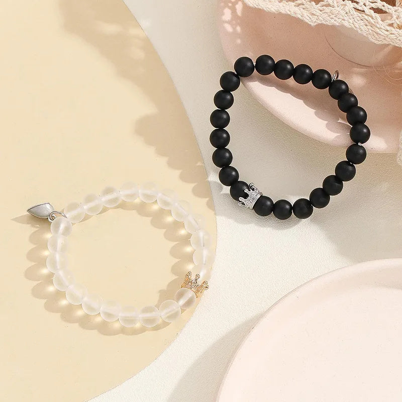 Glow-in-the-Dark Couple's Bracelets | Yin Yang Black & White Beads | Luminous Heart Charm Set