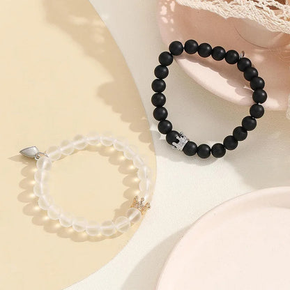 Glow-in-the-Dark Couple's Bracelets | Yin Yang Black & White Beads | Luminous Heart Charm Set