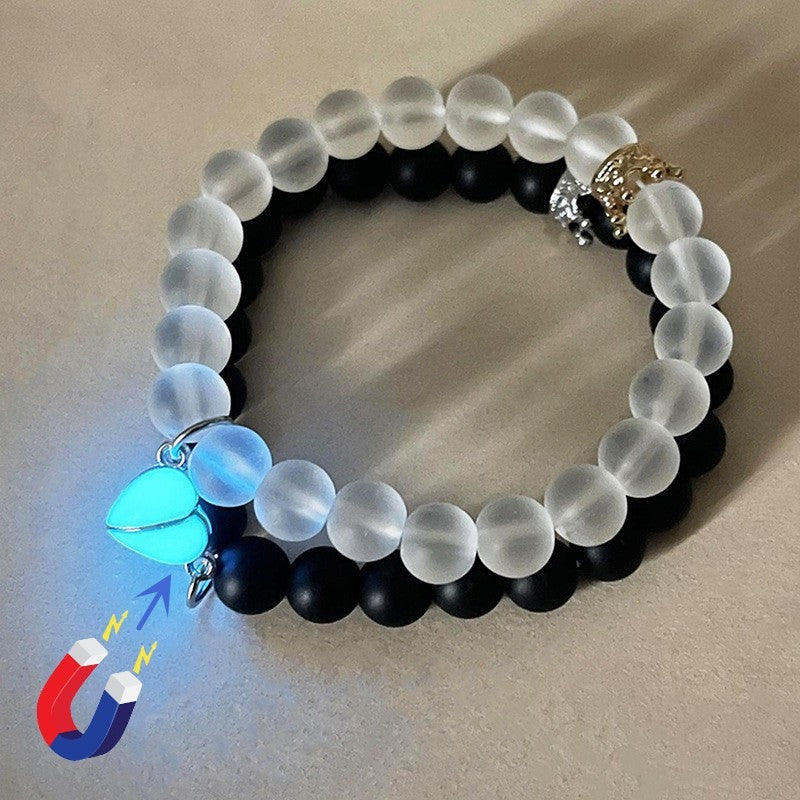 Glow-in-the-Dark Couple's Bracelets | Yin Yang Black & White Beads | Luminous Heart Charm Set